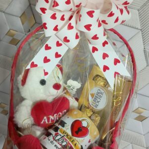 Cesta Ursinho de Pelúcia+Caneca Personalizada 350ml+Chocolate Ferrero 8un