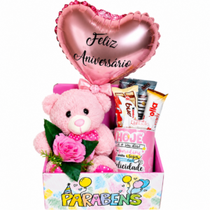 CESTA 02-Urso Pelúcia 18cm+Caneca Porcelana 325ml+Chocolates Variados+Balão