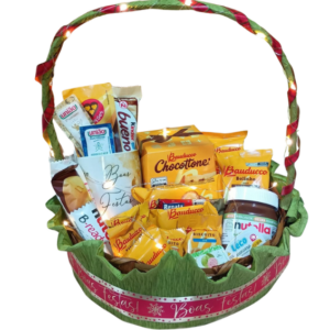 ML05-Cesta Natal (com Led) Café da Manhã/Tarde+Caneca Porcelana Boas Festas+Chocolates Variados